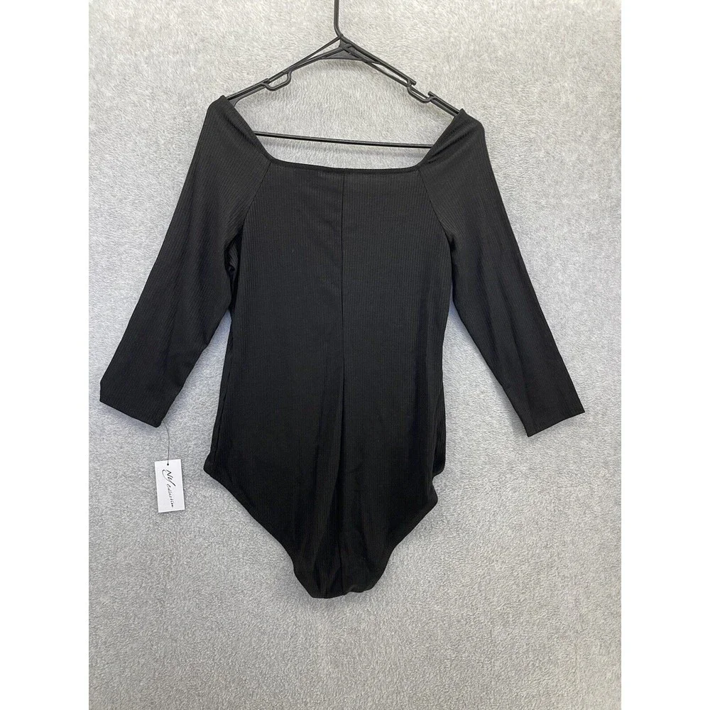 NY Collection Women's Bodysuit Ribbed 3/4 Sleeve Solid Black Medium - Picture 2 of 13